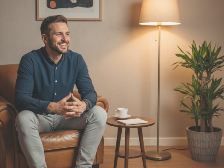 un paciente hombre sentado en un consultorio psicológico hablando