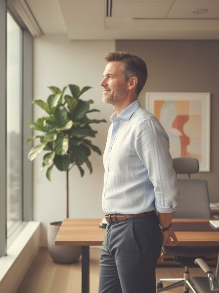 un hombre parado frente a la ventana observando tranquilamente para afuera