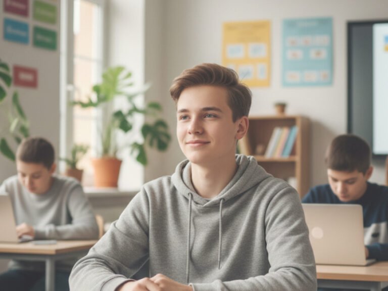 adolescente sentado en el salón de clases con sensación de seguridad y tranquilidad